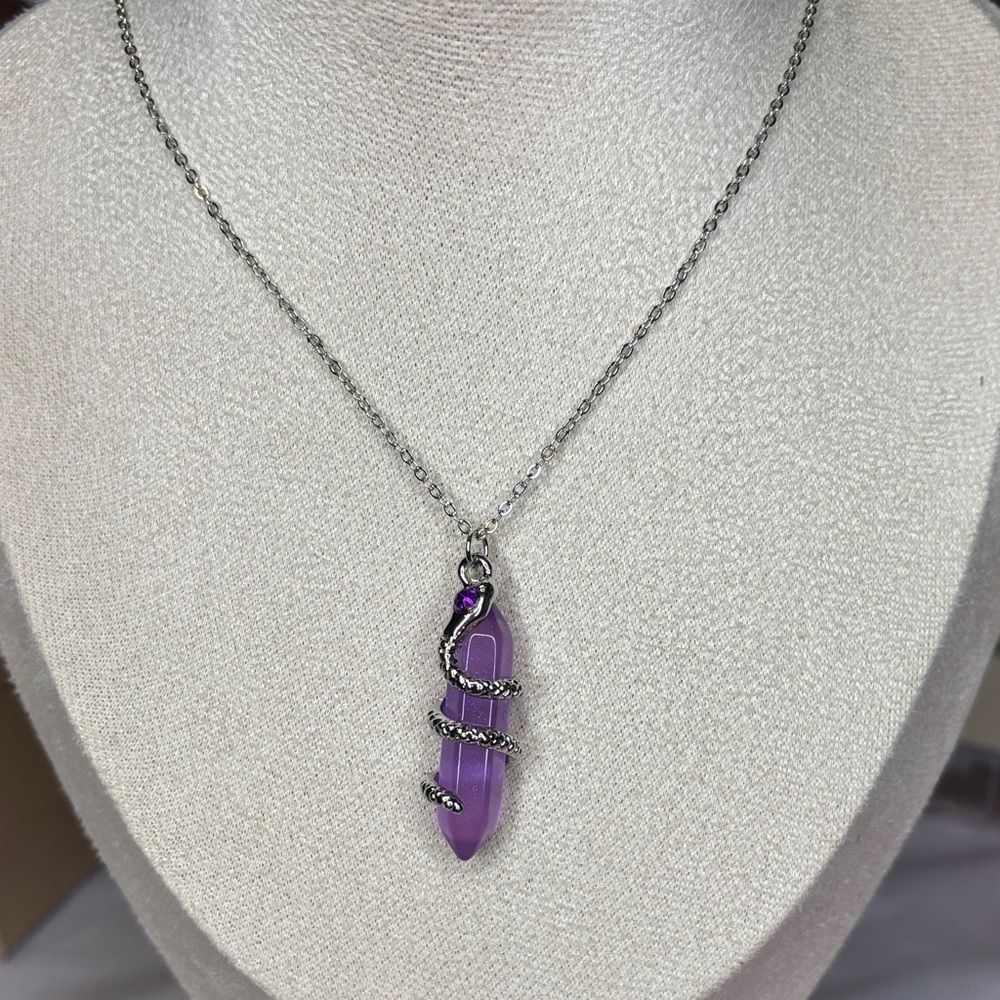Silver Snake Pendant Necklace on Acrylic Purple Crystal 16”